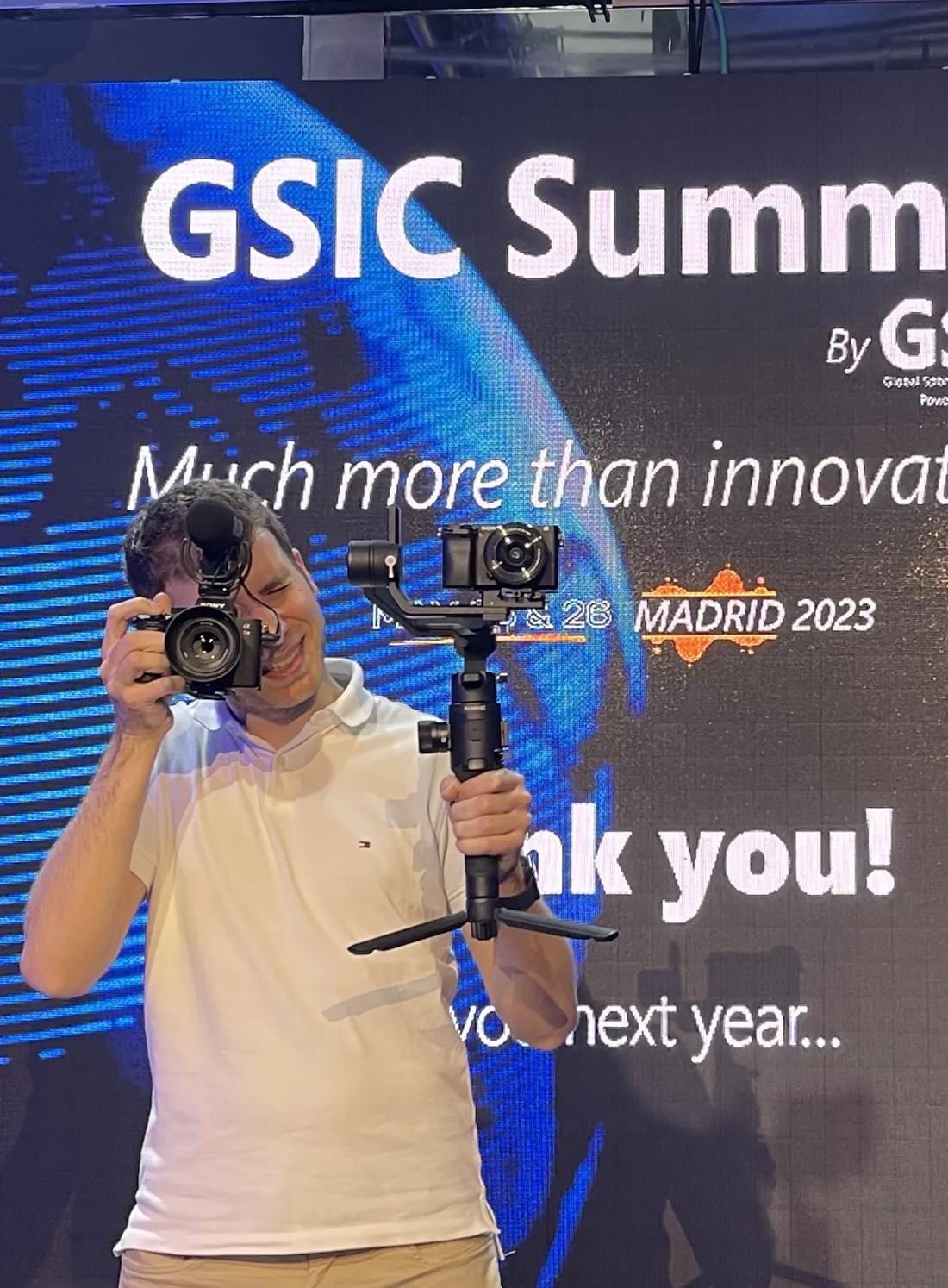 Gabriel filming at the GSIC Summit in Madrid